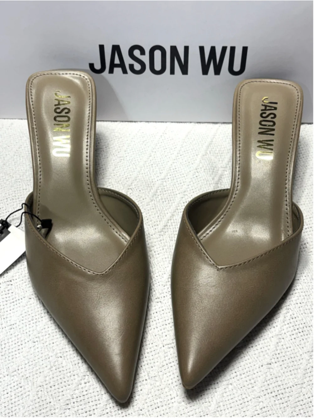 Jason Wu Taupe Pointed Toe Mule Heels Size 7 NIB Minimalist Normcore 
